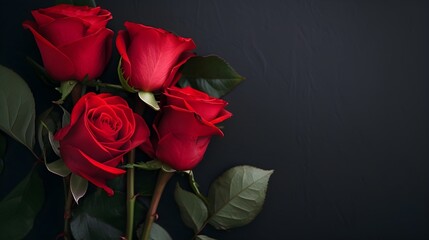Valentine's day, red rose petals on black background with copy space.