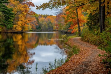 Autumn landscape with a lake and colorful trees in the park.