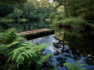 Beautiful lake in the forest with wooden pier and ferns