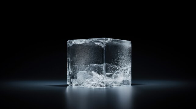  a block of ice sitting in the middle of a dark room with a light shining on the side of it.