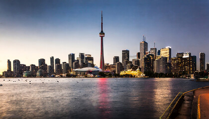 Obraz premium Twilight Tranquility: Toronto's Lakeshore Skyline