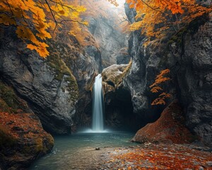 Autumn landscape with a waterfall in the mountains. Colorful autumn forest