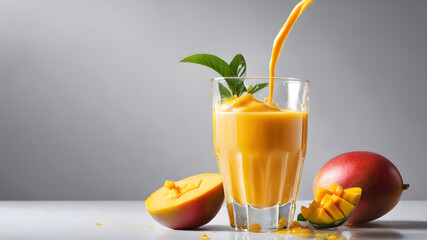 Glass of mango juice with liquid splashes on orange background