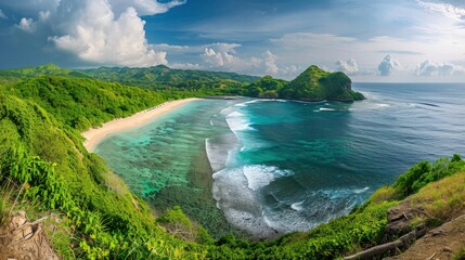 Panoramic aerial view of beautiful tropical beach with turquoise water, white sand and green hills...