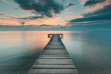 Wooden jetty on the Baltic Sea at sunset, Poland.