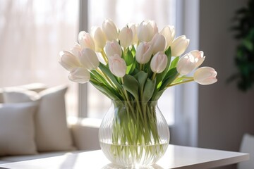 Bouquet of white tulips in a vase in a bright interior