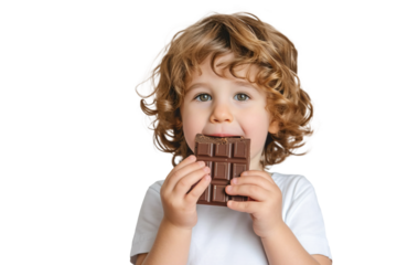 A child eats a sweet chocolate bar, on a transparent or white background, PNG file.