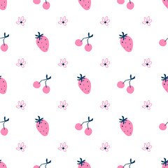 Pink doodle love seamless pattern for Valentines day. Hand strawberry, cherry, flower daisy in minimal style. Vector cute wallpaper, 14 February repeat background, sweet minimalist print, wrapping.