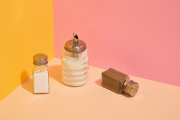 Salt, sugar and black pepper. Seasonings and spices for delicious food.