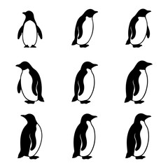 Penguin's black silhouette is set on a white background. Cute penguin vector illustration