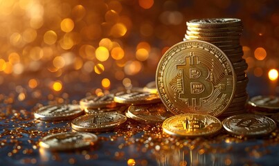 Abstract background with golden bitcoin, digital money concept.