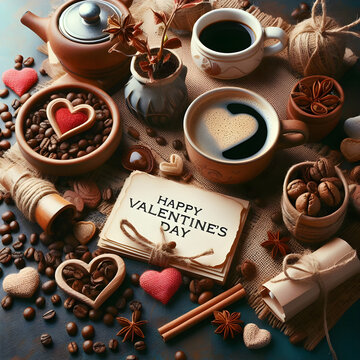 Illustration to celebrate Valentine's Day. Written 'Happy Valentine's Day'. Flat lay image of cafe table with cup of coffee with heart shape inside and coffee beans as a decoration.