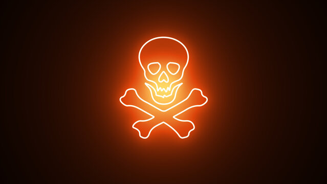 Neon Danger sign with skull. Toxic Skull Neon Sign. Toxic, electricity or chemical Warning icon. glowing Danger symbol. Crossbones and skull death flat neon glowing icon.