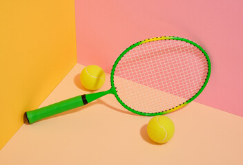 A tennis racket and two yellow balls. Sports and recreation.