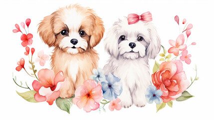 Dogs and carnations, Cartoon drawing, Water color style, AI Generated