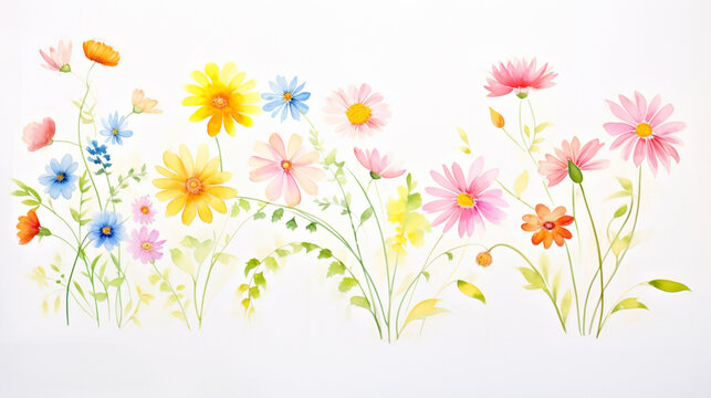 Daisies and exotic flowers, Cartoon drawing, Water color style, AI Generated