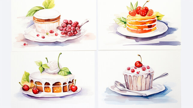 Desserts and food, Cartoon drawing, Water color style , AI Generated