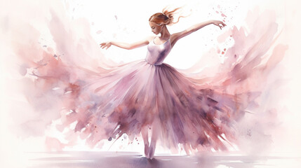 Elegant Watercolor Ballerina in Motion, Graceful and elegant watercolor painting of ballerina in motion capturing the beauty of dance, AI Generated - obrazy, fototapety, plakaty