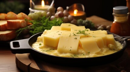  a pan filled with cheese sitting on top of a wooden cutting board next to bread and other food on a table.