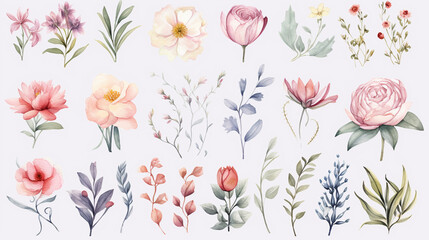 Elegant Watercolor Floral Arrangements Delicate and elegant watercolor illustrations of various floral arrangements, Great for wedding invitations, Botanical art prints, Home decor, AI Generated - obrazy, fototapety, plakaty