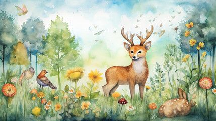 Enchanted Watercolor Forest with Wildlife, Mystical forest filled with various wildlife painted in watercolors, Perfect for children's book illustrations or nature-themed educational, AI Generated - obrazy, fototapety, plakaty