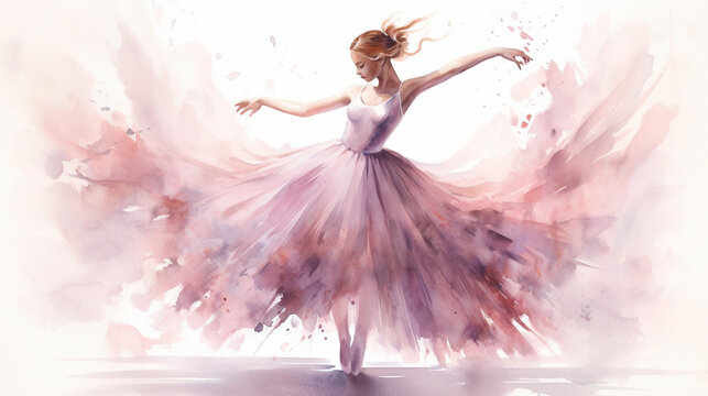 Elegant Watercolor Ballerina in Motion, Graceful and elegant watercolor painting of ballerina in motion capturing the beauty of dance, AI Generated