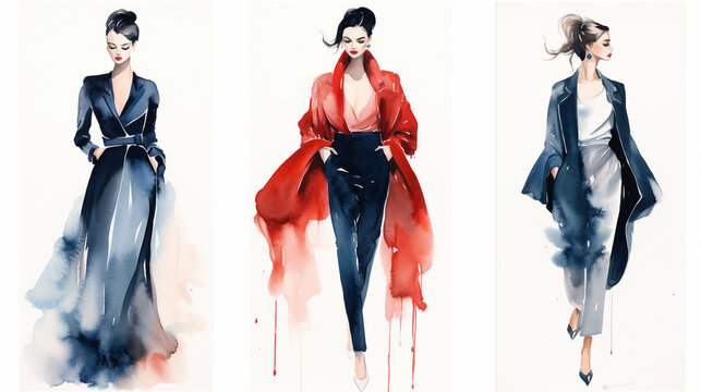Elegant Watercolor Fashion Illustrations, Stylish and elegant fashion illustrations in watercolor, Great for fashion design portfolios, Boutique adverts or as chic decor, AI Generated