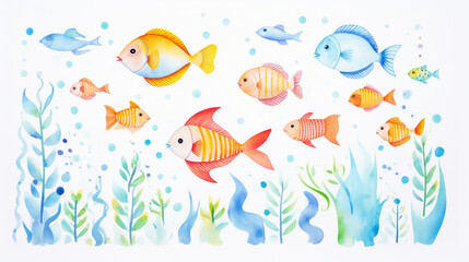 Fototapeta na wymiar Fish and animals, Cartoon drawing, Water color style, AI Generated