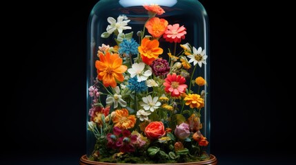  a vase filled with lots of colorful flowers on top of a wooden table next to a glass container filled with water.