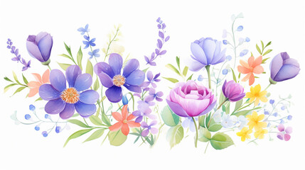 Flowers and violets and lavender, Cartoon drawing, Water color style, AI Generated