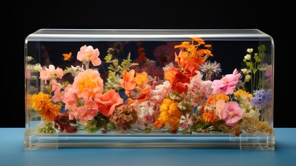  a vase filled with lots of flowers on top of a blue table next to a glass container filled with water.
