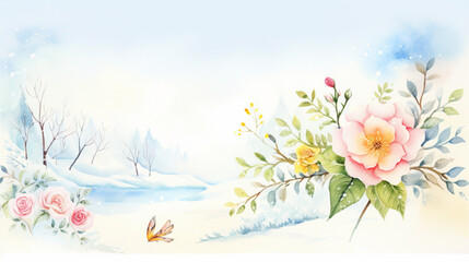 Flowers and winter scenes and roses, Cartoon drawing, Water color style, AI Generated