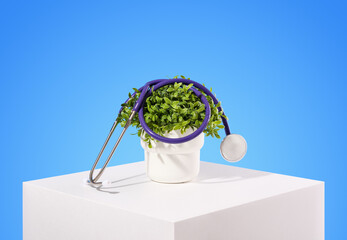 A potted green plant and a medical stethoscope. Traditional medicine concept.