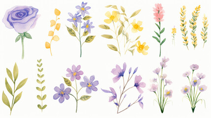 Fototapeta na wymiar Flowers and violets and lavender, Cartoon drawing, Water color style, AI Generated