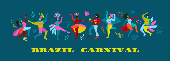 Vector banner with funny dancing men and women in bright costumes. Brazil carnival. Design elements for carnival concept and other