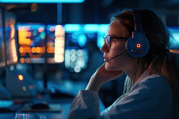IT specialist in a monitoring control room, wearing headphones and talking on a call while immersed in computer work. 