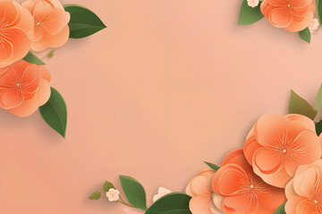 Round frame made of pink and beige roses, flowers, green leaves, and branches on a Light peach background. Flat lay, top view. Valentine's background