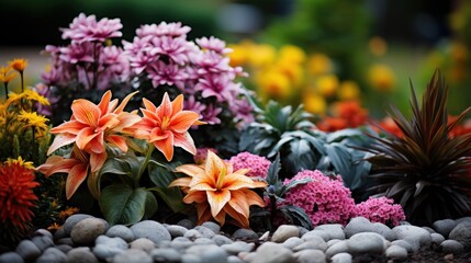  a garden filled with lots of different types of flowers on top of a bed of rocks and flowers on the side of the road.