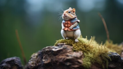Obraz premium a small rodent sitting on top of a moss covered rock with a sweater draped around it's neck.