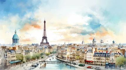 Foto op Canvas Historic Watercolor Cityscape with Landmarks, Watercolor painting of historic cityscape featuring famous landmarks, Ideal for travel guides © Watercolorbackground