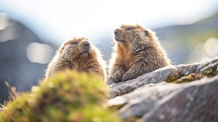  a couple of brown animals standing on top of a rocky hill next to each other on top of a grass covered field.