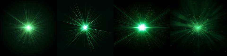 Dynamic green Celestial Explosion set. Black Background with Glowing greenish Sunburst, Digital...