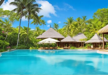 Stunning landscape, swimming pool blue sky with clouds. Tropical resort hotel in Maldives. Fantastic relax and peaceful vibes, chairs, loungers under umbrella and palm leaves. Luxury travel vacation
