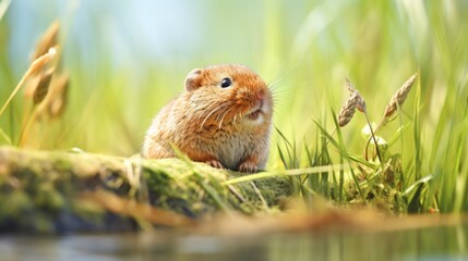 Naklejka na ściany i meble a small rodent sitting on top of a log in a field of tall grass next to a body of water.