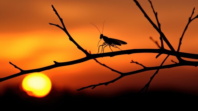  a bug sitting on top of a leafless tree branch in front of a bright orange and yellow sky with the sun in the background.
