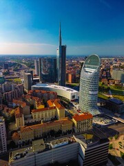 Aerial view of modern stylish cityscape of business skyscrapers. unicredit tower and UnipolSai,...