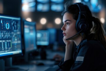 IT specialist in a monitoring control room, wearing headphones and talking on a call while immersed in computer work. 