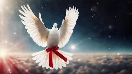 Pace e Speranza- Colombe Bianca con Nastro Rosso Vola sopra la Terra