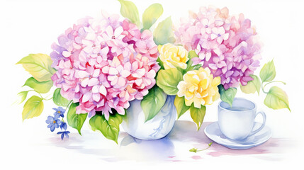 Obraz na płótnie Canvas Hydrangeas and coffee and peonies, Cartoon drawing, Water color style, AI Generated