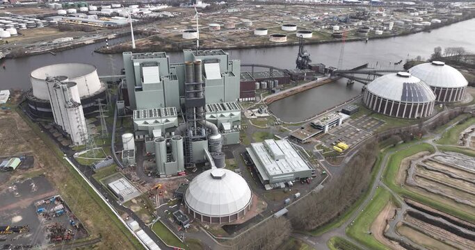 The Moorburg coal fired power station in Hamburg, Germany. Birds eye aerial drone view.